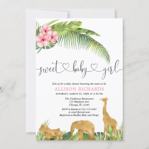 Jungle safari girl pink hibiscus palm leaves invitation