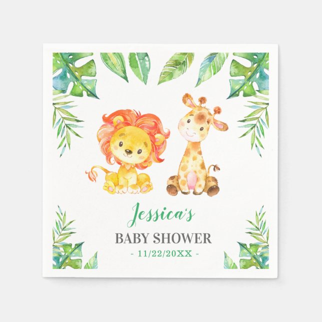 Jungle Safari Green Baby Boy Shower Lion Giraffe Napkins (Front)