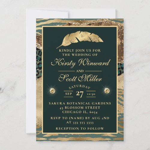 Jungle Safari Green Beige Glitter Agate Wedding Invitation