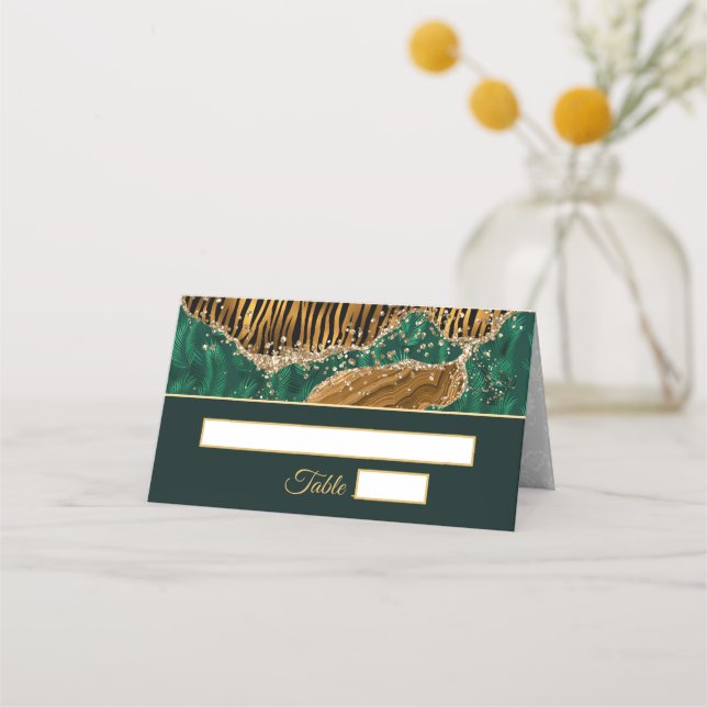 Jungle Safari Green Glitter Wedding Place Card (Front)