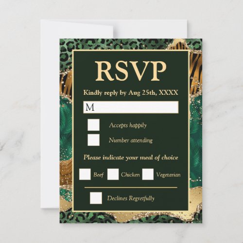 Jungle Safari Green Gold Glitter Agate Wedding RSVP Card