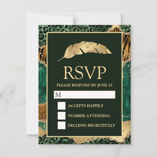 Jungle Safari Green Gold Glitter Agate Wedding RSVP Card