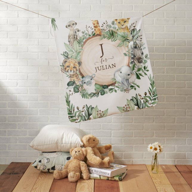 Jungle Safari Greenery Baby Wild Animals Monogram Blanket (In Situ)