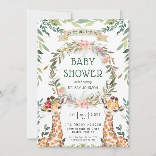 Jungle Safari Greenery Giraffe Baby Shower Invitation