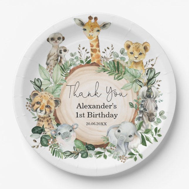 Jungle Safari Greenery Wild Animals Birthday Favor Paper Plates (Front)