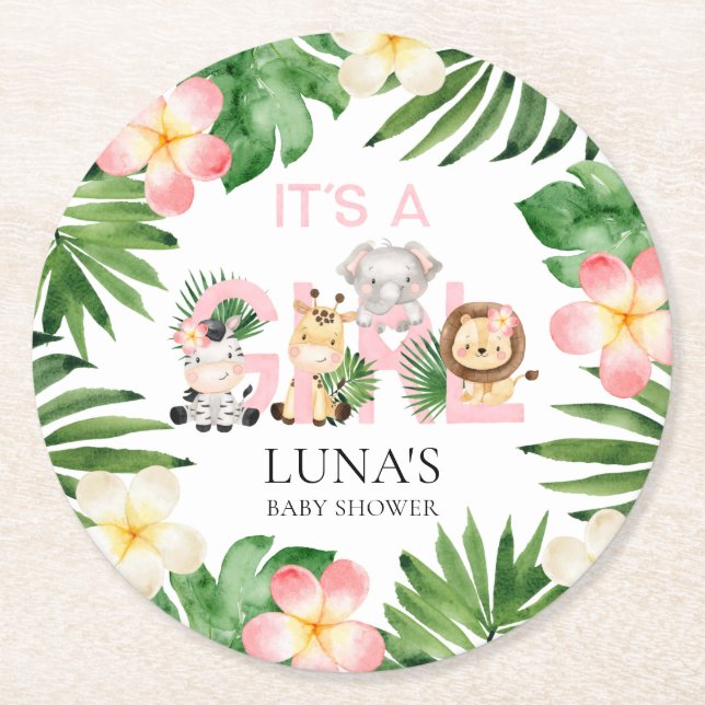 Jungle Safari It's a Girl Baby Shower Round Paper Coaster (Front)