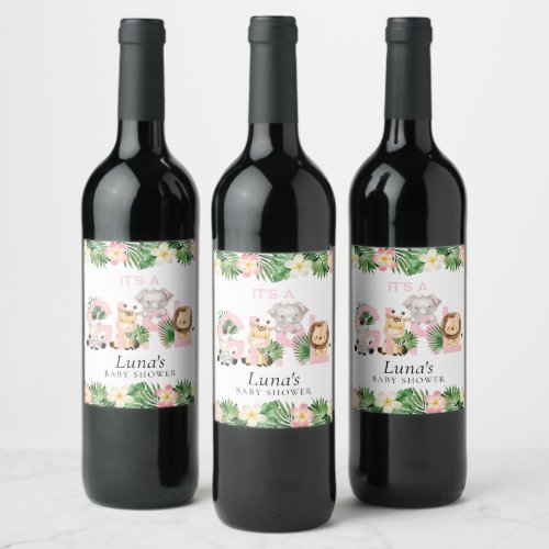 Jungle Safari Its a Girl Baby Shower Wine Label