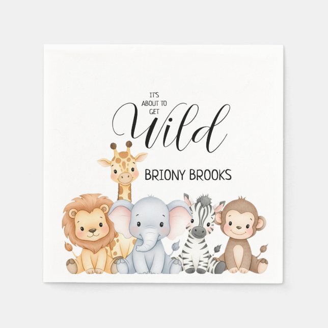 Jungle Safari "It's About To Get Wild" Baby Shower Napkins (Front)