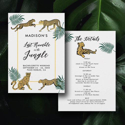 Jungle Safari Leaf Cheetah Bachelorette Itinerary Invitation