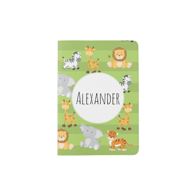 Jungle Safari Lion Tiger Modern Green Stripe Passport Holder (Front)