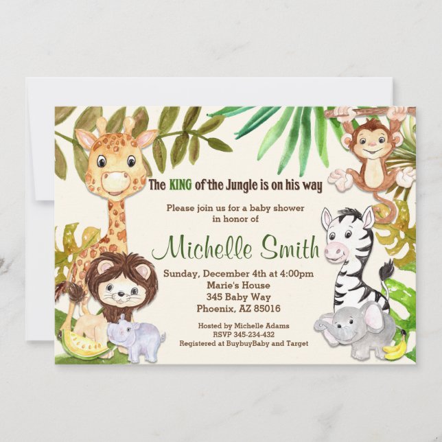 Jungle Safari Monkey Elephant Giraffe Baby Shower Invitation (Front)