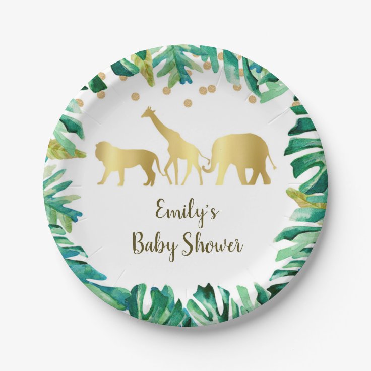 Jungle Safari Paper Plate Baby Shower Green Gold | Zazzle