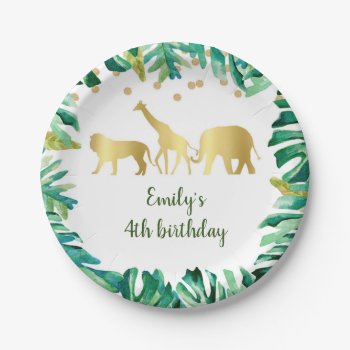 Jungle Safari Paper Plate Birthday Green Gold by pinkthecatdesign at Zazzle