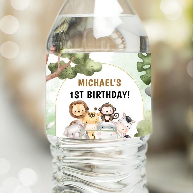 Jungle Safari Party Animals 1st Birthday Water Bottle Label (Creator Uploaded)