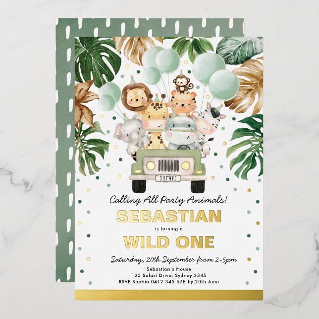 Jungle Safari Party Animals Wild One Birthday  Foil Invitation (Front/Back)