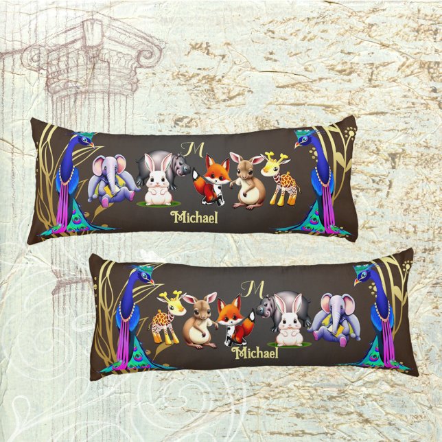 Jungle Safari Peacock Elephant Hare Rhino Monogram Body Pillow (Jungle Safari Peacock Elephant Hare Rhino Monogram Body Pillow)