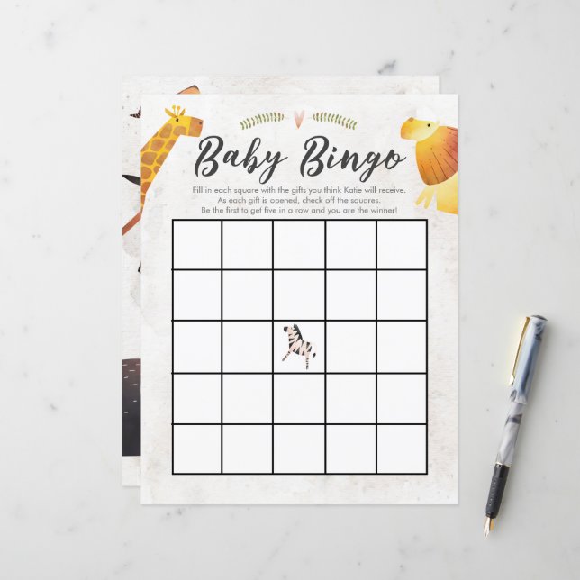 Jungle & Safari Theme Baby Bingo Baby Shower Game (Front/Back In Situ)