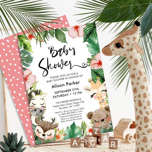 Jungle Safari Tropical Floral Greenery Baby Shower Invitation