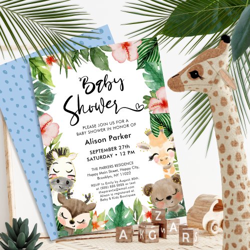 Jungle Safari Tropical Floral Greenery Baby Shower Invitation