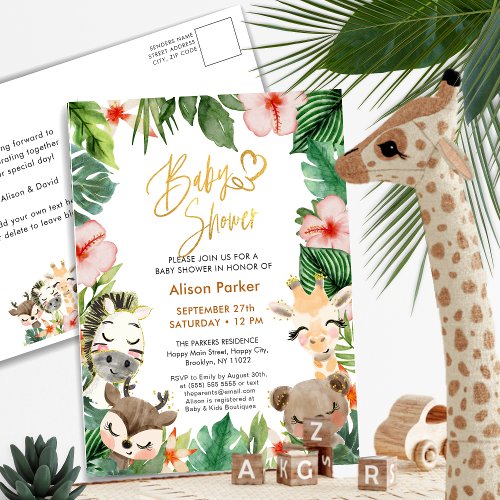 Jungle Safari Tropical Floral Greenery Baby Shower Invitation Postcard