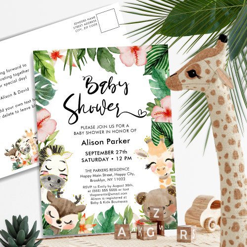 Jungle Safari Tropical Floral Greenery Baby Shower Invitation Postcard