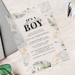 Jungle Safari Tropical Palms Boy Baby Shower Vellum Invitations<br><div class="desc">Wild,  calm,  and elegant boys safari animal baby shower invitation featuring a giraffe,  gold effect and green leaves. Perfect for boys baby shower invitations</div>