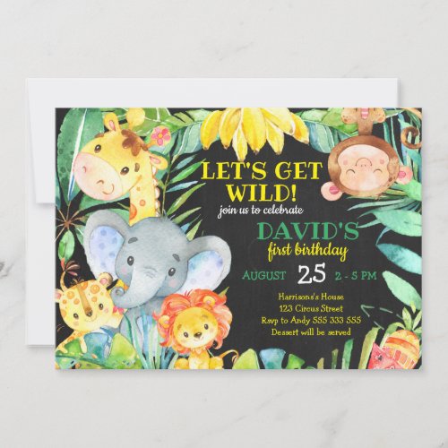 Jungle Safari Watercolor Cute Boy First Birthday Invitation