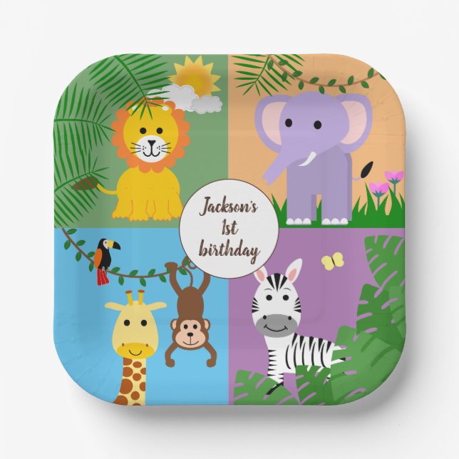 Jungle Safari Wild Animal Kids Birthday Colorful Paper Plates (Front)