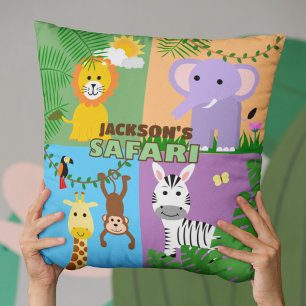 Jungle Safari Wild Animal Kids Birthday Colorful Throw Pillow