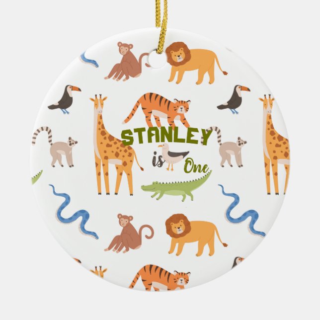 Jungle Safari Wild Animals Personalized Birthday Ceramic Ornament (Front)
