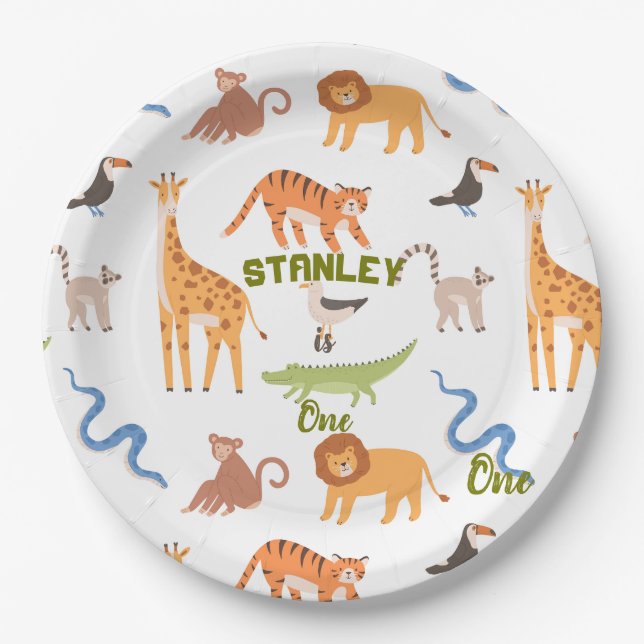 Jungle Safari Wild Animals Personalized Birthday Paper Plates (Front)