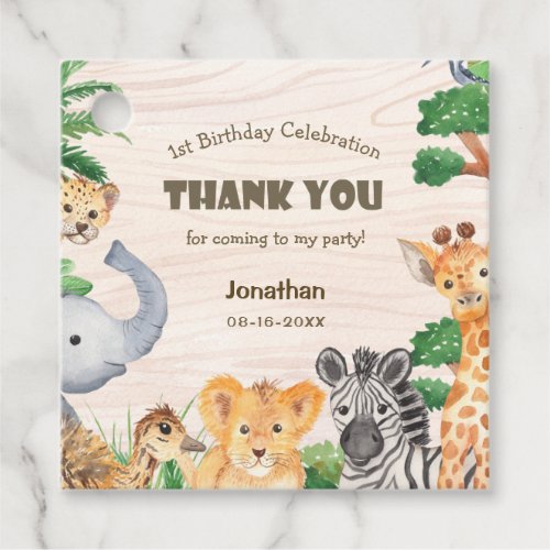 Jungle Safari Wild Animals Wood Texture Birthday Favor Tags