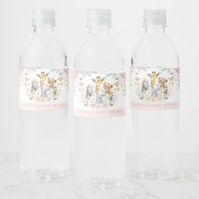 Jungle Safari Wild Baby Animals Blush Floral Favor Water Bottle Label (Bottles)