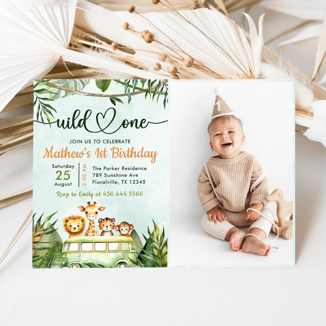 Jungle Safari Wild One 1st Birthday Photo Invitation (Creator Uploaded)