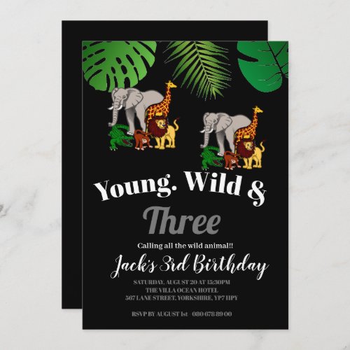 Jungle Safari Young Wild  Three 3rd birthday  Invitation