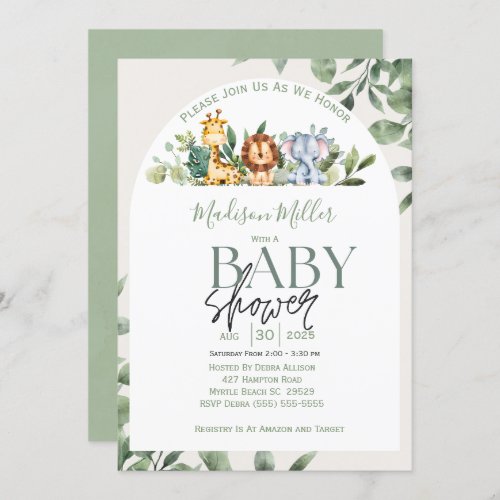 Jungle Sarfari Animals Green Leaves Baby Shower   Invitation