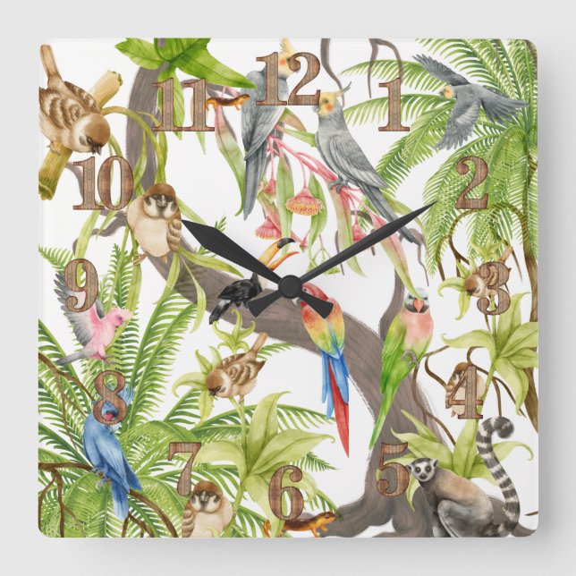 Jungle Scene Tropical Birds, Critters, Foliage Square Wall Clock (Front)