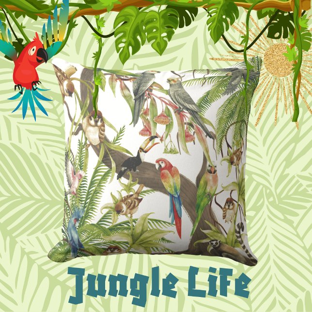 Jungle Scene Tropical Birds, Critters, Foliage  Throw Pillow (Creator Uploaded)