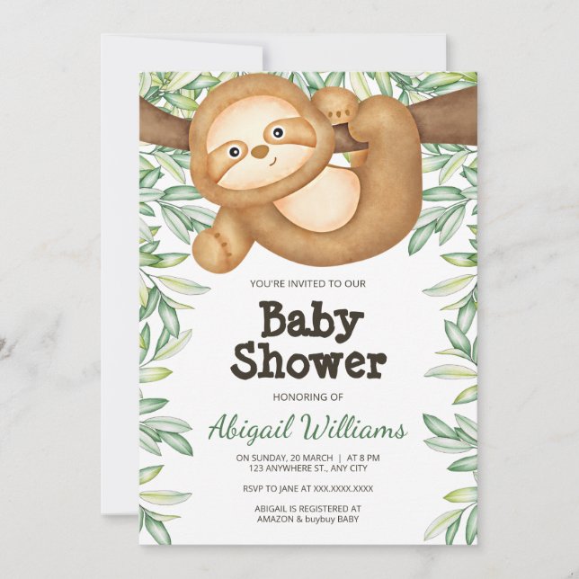 Jungle Sloth Greenery Watercolor Baby Shower Invitation (Front)