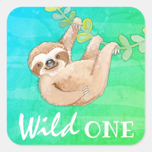 Jungle Sloth Wild One Party Square Sticker