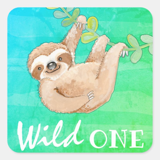 Jungle Sloth Wild One Party Square Sticker (Front)
