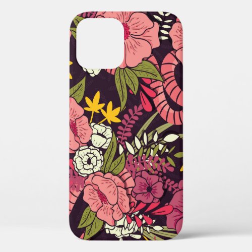 Jungle snakes tropical flowers vintage pattern iPhone 12 case