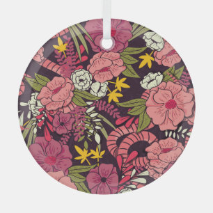 Jungle snakes, tropical flowers, vintage pattern. glass ornament