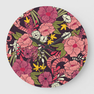 Jungle snakes, tropical flowers, vintage pattern. large clock