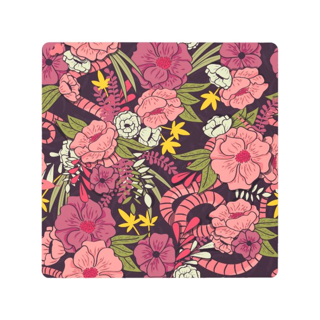 Jungle snakes, tropical flowers, vintage pattern. metal print (Front)