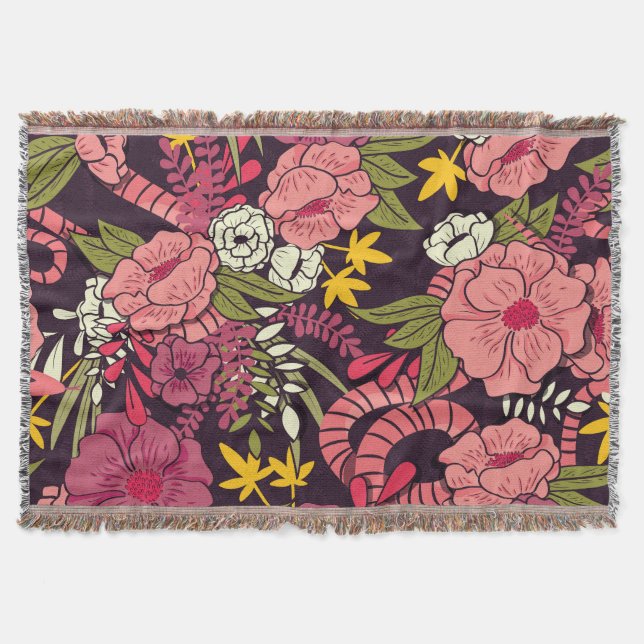 Jungle snakes, tropical flowers, vintage pattern. throw blanket (Front)