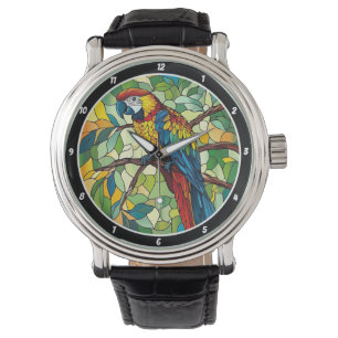 Jungle Symphony" - Stained Glass Macaw Wall Watch