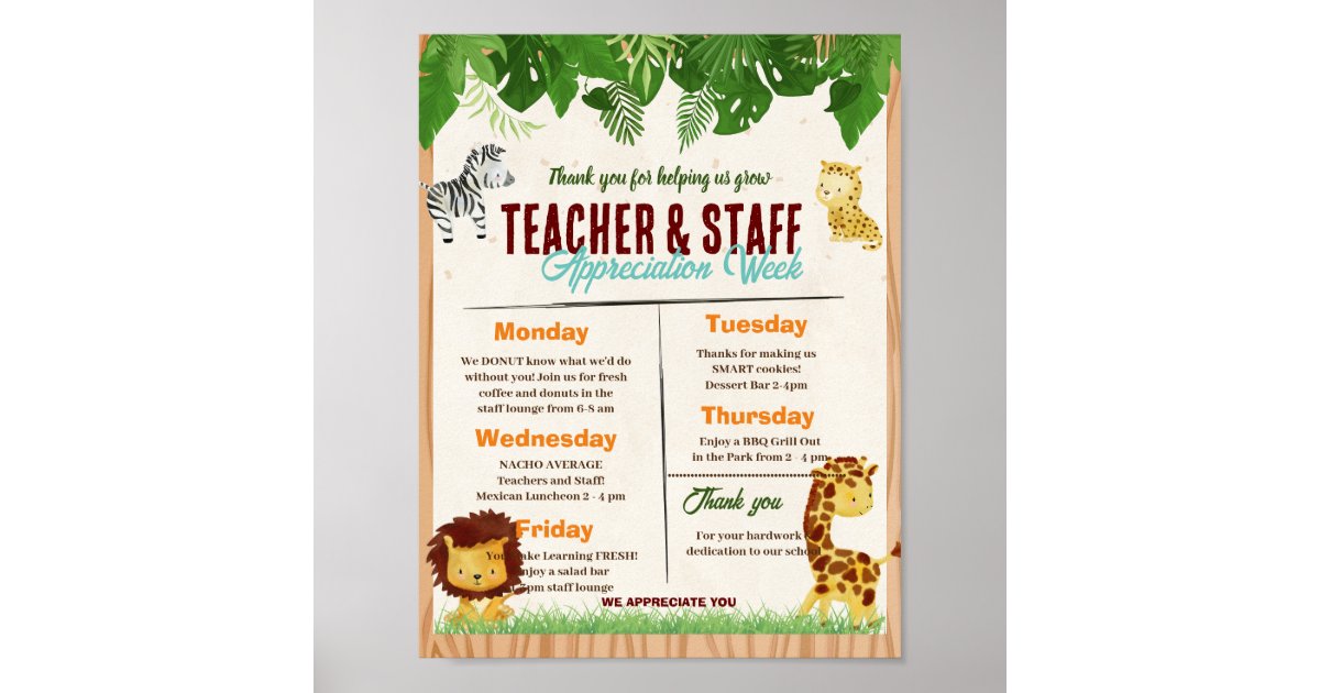 Jungle Teacher Appreciation Week Itinerary Poster | Zazzle