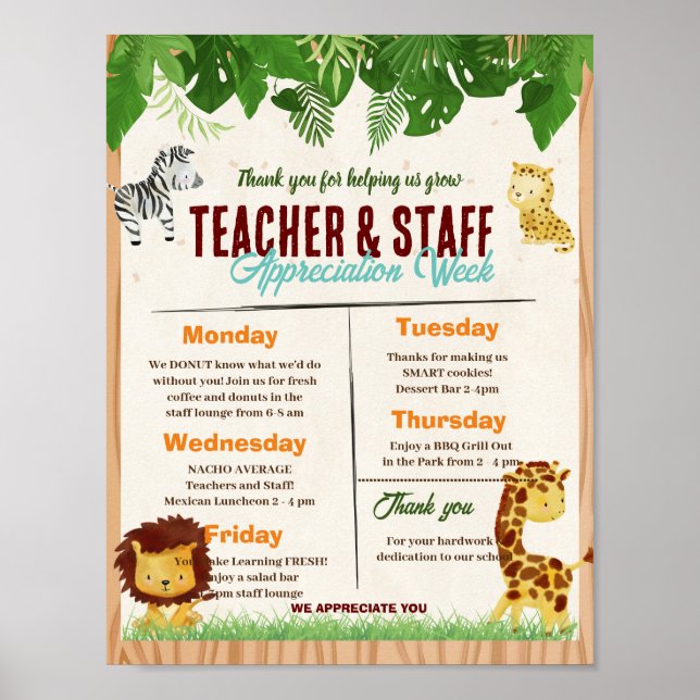 Jungle Teacher Appreciation Week Itinerary  Poster (Front)