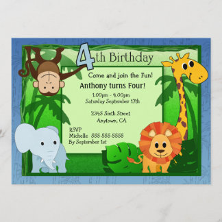 Jungle Theme 4th Birthday Invitation